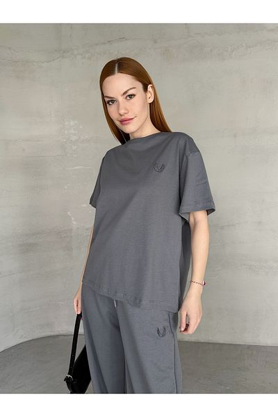 Cappmoda Tkm-0052 Smoked Leaf Pattern Embroidered Crew Neck T-Shirt Waist Tie Palazzo Pants Two-Piece Set