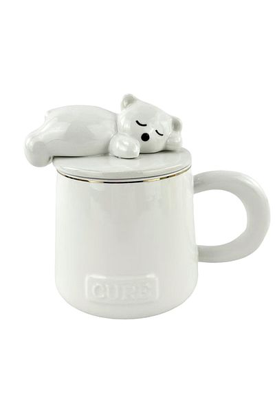 PUFO Cană ceramică Sleepy Bear cu capac și linguriță pentru cafea sau ceai, 320 ml, albă