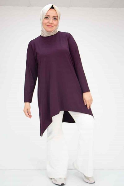 Eslina 58070 Large Size Asymmetrical Cut Combed Cotton Tunic - Purple