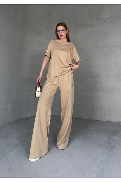 Cappmoda TKM-0052 Μπεζ Χρώμα Μοτίβο Φύλλων Κεντημένο Μπλουζάκι με λαιμόκοψη με κορδόνι μέσης Palazzo Παντελόνι Διμερές Τ