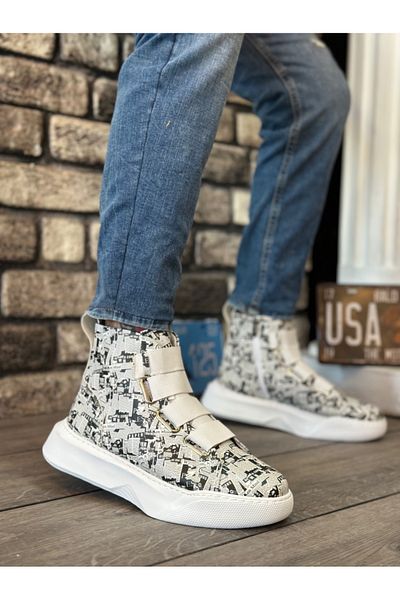 pabucmarketi Banded Zippered Men's Sports Boots White Printed (White Sole)