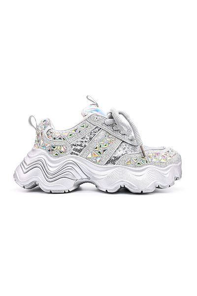 Tmall Pantofi sport pentru femei, din piele ecologică, cu pietre, D1364, argintii