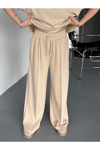 Cappmoda TKM-1111 Μπεζ κοντομάνικη μπλούζα Çimalı Salaş Palazzo Bottom Διπλό Σετ