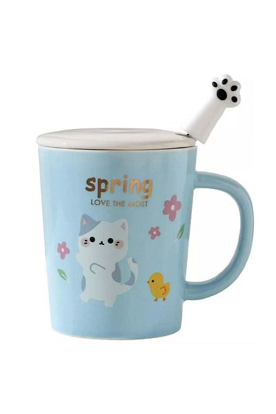 PUFO Cană ceramică cu capac și linguriță Pufo Love Kitty pentru cafea sau ceai, 250 ml, albastră