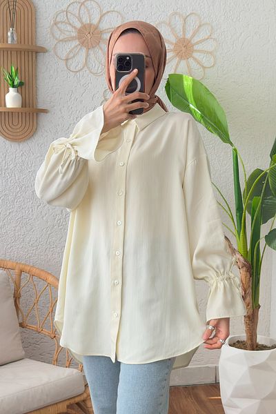 Salih Çelebi Sleeve Gathered Laced Shirt 2202 - Ecru