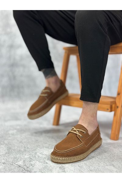 pabucmarketi Lace Detailed Natural Leather Powder Rubber Handmade Espadrille Men's Shoes Tan