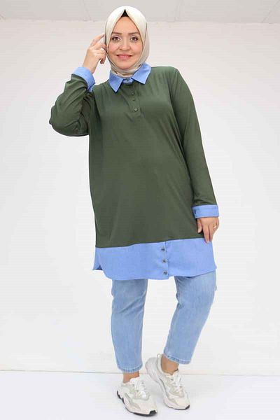 Eslina 58035 Large Size Combination Combed Cotton Tunic - Khaki
