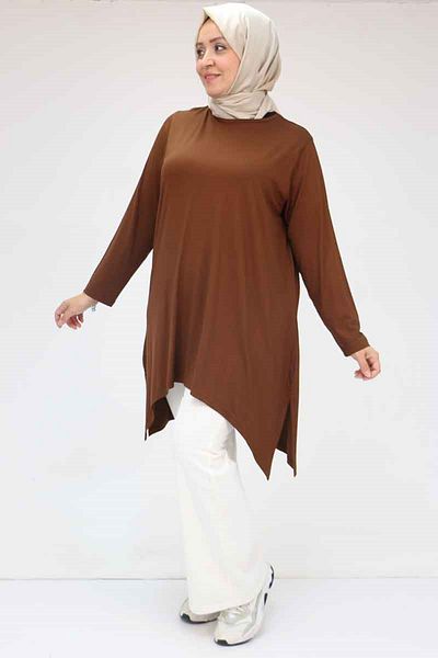 Eslina 58070 Large Size Asymmetrical Cut Combed Cotton Tunic - Brown