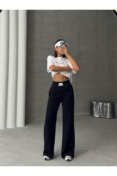 Cappmoda Tkm-0048 Black Destinatıon Is Done حروف حقن طباعة رقبة دائرية تي شيرت تفاصيل الملصق Palazzo P