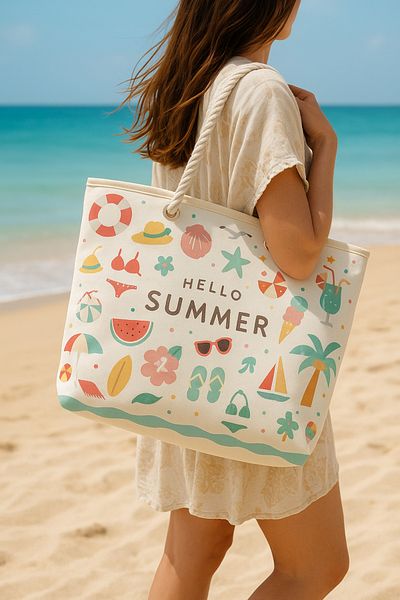 PRENDİ HOME Hello Summer με μοτίβο μεγάλου μεγέθους τσάντα για πικνίκ και παραλία – Λαβή από σχοινί – 55x36x15 cm