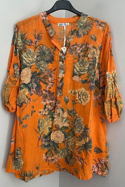 AYASOFYA OTANTIK Women's Italian Orange Rose Patterned Button Detailed Folding Orphan Sleeves 100% Cotton Blouse