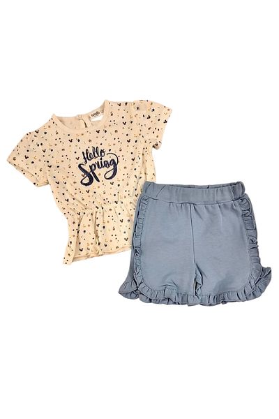 Bebetto Shirred Waist T-Shirt and Ruffle Detailed Combed Cotton Shorts Set