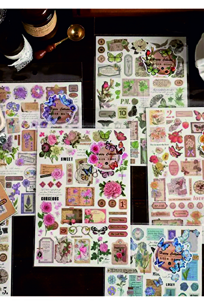 WALLHUMAN Retro Çiçek Kelebek 6'Lİ Set Çıkartmaları Ajanda Bullet Journal içi...