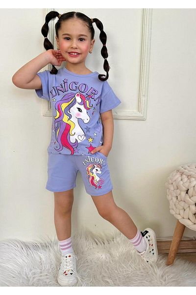 LİLLYPİCCA Unicorn Patterned 2-Piece Set with Ruffle Sleeve Detailed Shorts