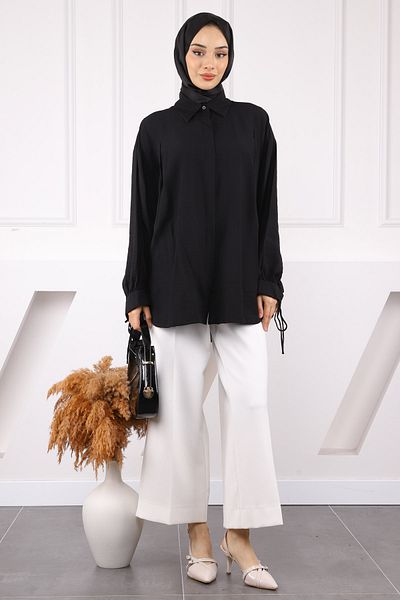 İmajButik Μαύρο μανίκι δεμένο casual πουκάμισο
