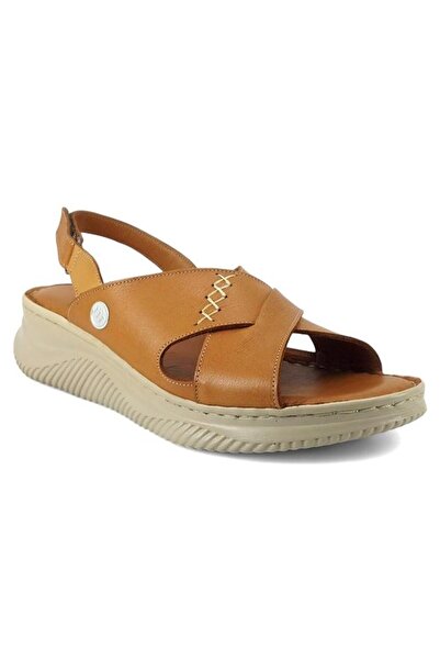 Mammamia 2855 Hakiki Deri Günlük Kadın Sandalet-Taba