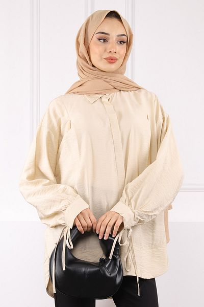 İmajButik Μπεζ μανίκι δεμένο casual πουκάμισο