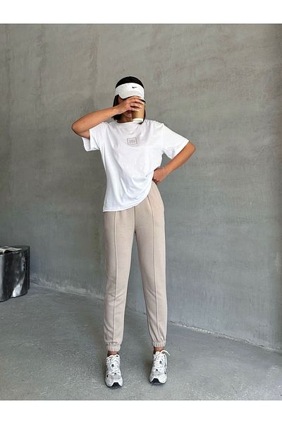 Cappmoda Tkm-0047 Stone Color Friday Written Injection Print Crew Neck T-Shirt Label Detail Waist Elastic Jog
