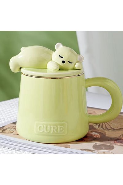 PUFO Sleepy Bear ceramic mug with lid and spoon for coffee or tea, 320 ml, green
