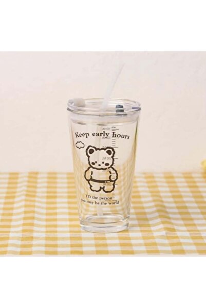 PUFO Bear transparent glass coffee mug with lid, 450 ml