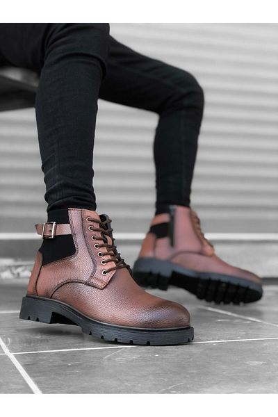 pabucmarketi Zippered Lacing Detailed Men's Boots Brown
