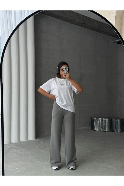 Cappmoda Tkm-0048 Gray Destınatıon Is Done Lettering Injection Print Crew Neck T-Shirt Label Detail Palazzo Pan