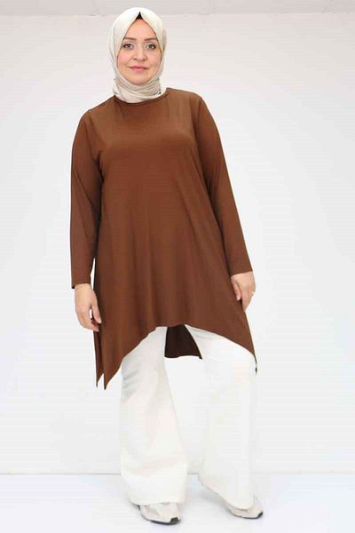 Eslina 58070 Large Size Asymmetrical Cut Combed Cotton Tunic - Brown