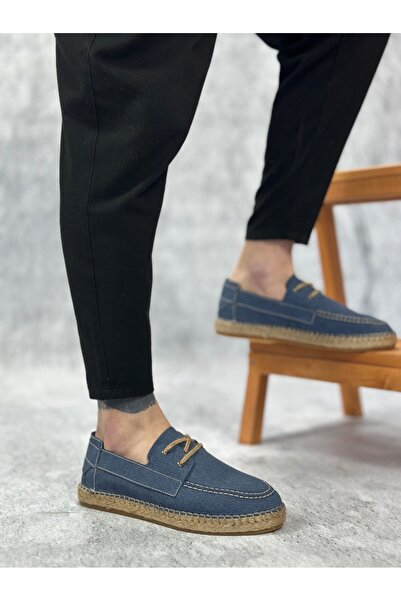 BOA Pabucmarketi Lace-Up Detailed Natural Leather Powder Rubber Handmade Espadrille Men's Shoes Blue