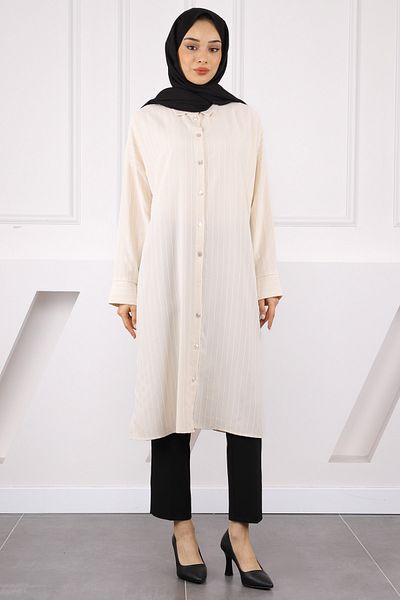 İmajButik Μπεζ ριγέ χιτώνα με σκίσιμο
