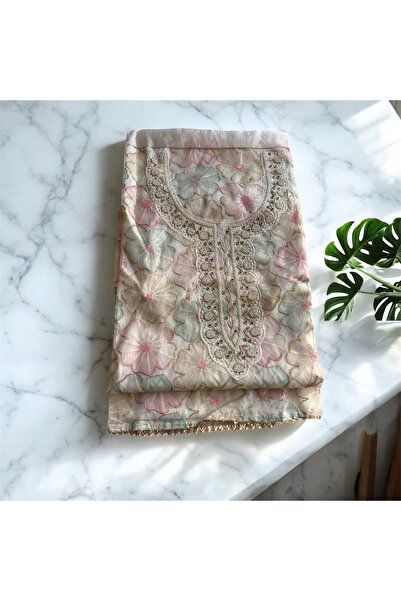 MAJESTIC STYLE FASHION Floral Printed Beads Work Organza Unstitched Dress Material