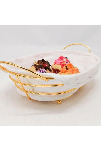 PUFO Oval metal basket kitchen for serving bread, with legs and removable textile cover, 26 x 19 cm, gold