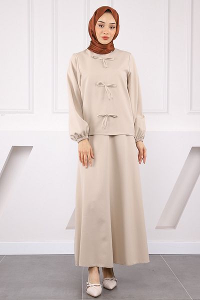 İmajButik Stone Front Bow Crepe Blouse Skirt Suit