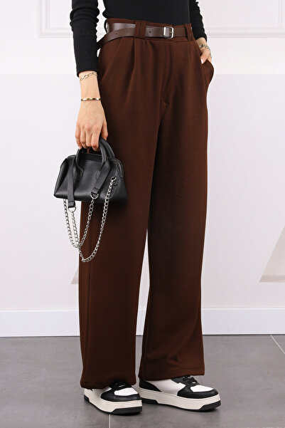 İmajButik Brown Double Pleated Belted Lycra Palazzo Trousers