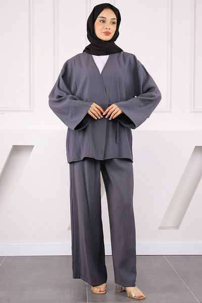 İmajButik Smoked Waist Tie Modal Kimono Pants Suit