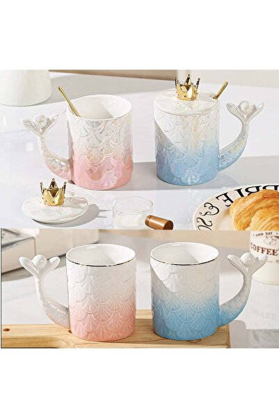 PUFO Princess ceramic mug with lid and spoon for coffee or tea, 300 ml, pink