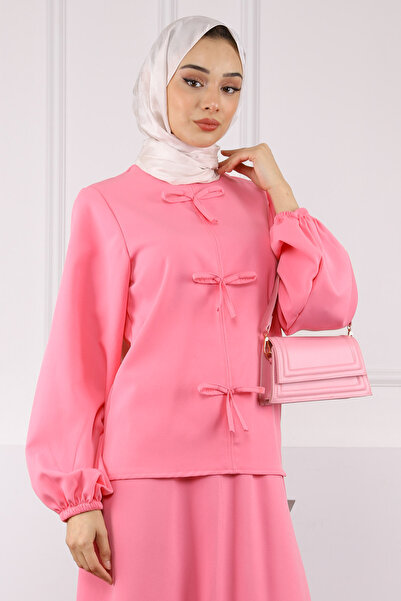 İmajButik Pink Bow Front Crepe Blouse Skirt Suit