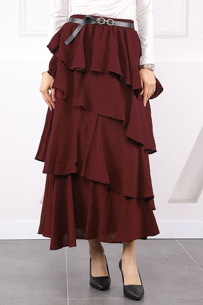 İmajButik Fusta cu centură cu talie elastică burgundă