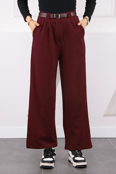 İmajButik Burgundy Double Pleated Belted Lycra Palazzo Trousers