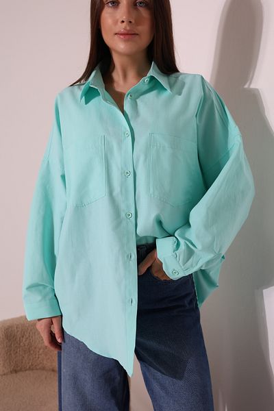 Corradeo Giyim New Season Poplin Fabric Double Pocket Oversize Turquoise Women's Tunic Shirt