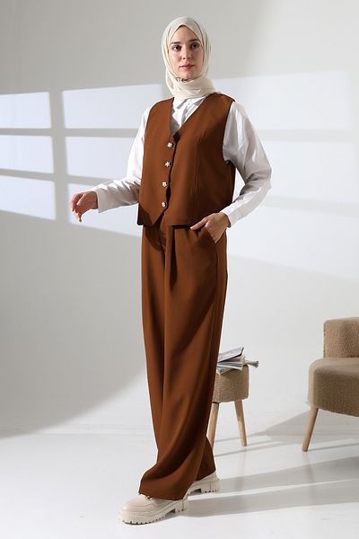 Mihran Butik Women's 100% Cotton Woven Brown Vest Pants Hijab Suit