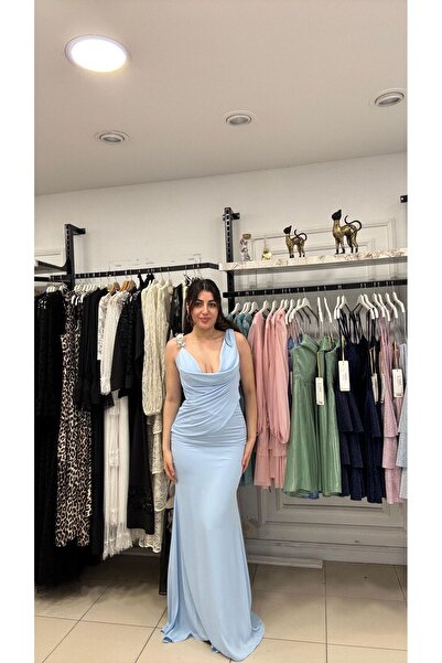 SUNAYBUTİK BUZ MAVİSİ DEGAJE YAKA ABİYE-BUZ MAVİSİ - 42