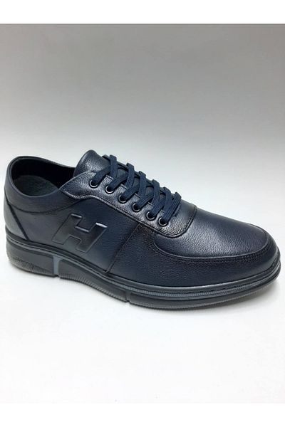 Adnan Bozkaya Genuine Leather Lace-Up Navy Blue Summer Men's Shoes