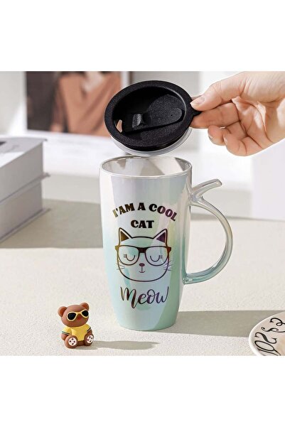 PUFO Tall ceramic mug with lid Pufo Cool Cat, for coffee or tea, 450 ml