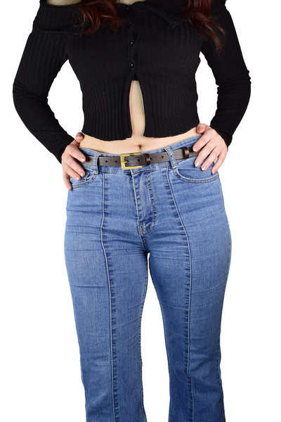 GoDeri %100 Hakiki Deri, Gold Renk Tokalı 2 cm Koyu Kahverengi Kadın Kemeri; Elbise, Pantolon Kemeri_DBÜYÜK