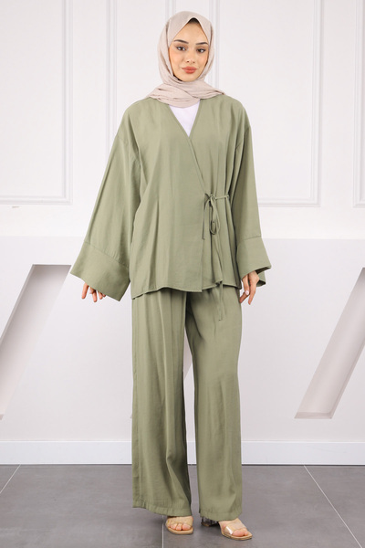 İmajButik Haki Bel Bağlamalı Modal Kimono Pantolonlu Takım