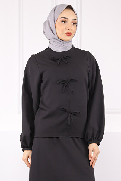 İmajButik Black Bow Front Crepe Blouse Skirt Suit