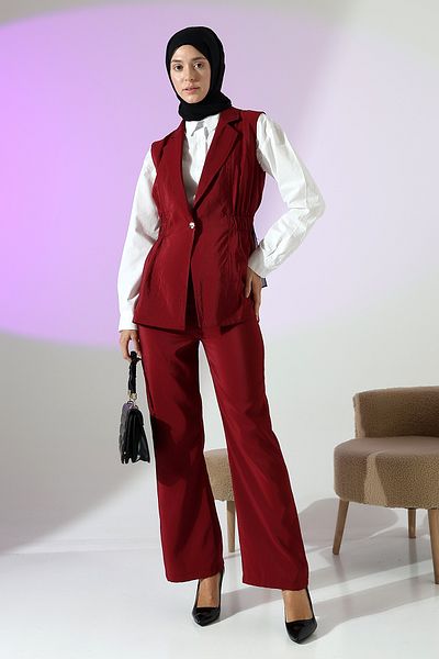 Mihran Butik Women's 100% Cotton Modal Burgundy Vest Pants Set