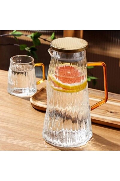 Qerhome Borosilikat Cam Metal Kapaklı Lüks Cam Sürahi 1800 ml Amber Dalgalı MT