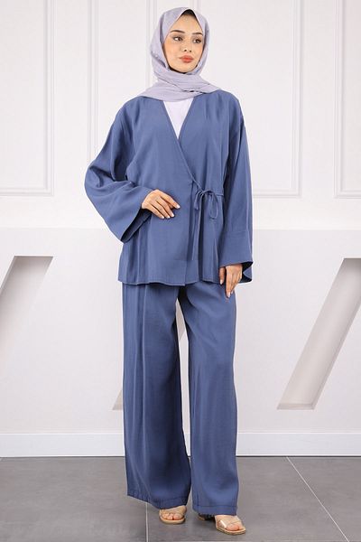 İmajButik Σετ παντελόνι Indigo Modal Kimono με δεμένη μέση