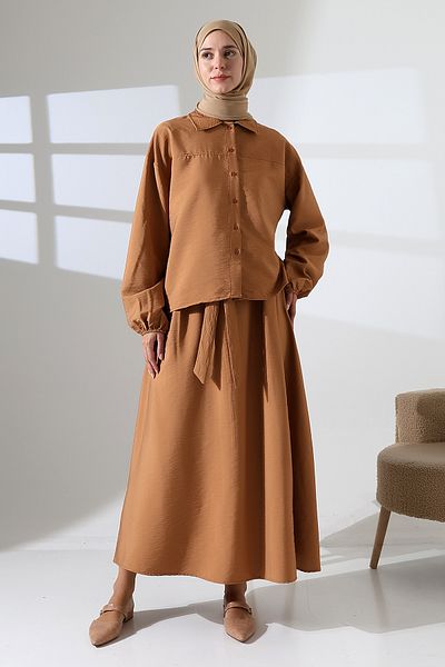 Mihran Butik Women's 100% Cotton Modal Camel Shirt Skirt Hijab Suit